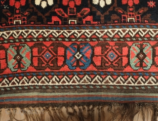 Baluch rug, 1890s or so.  Great mina khani design.  Wonderful green.  More colors than usual.  Soft wool and good pile.   134 x 242 cm   