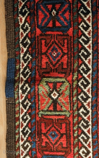 Baluch rug, 1890s or so.  Great mina khani design.  Wonderful green.  More colors than usual.  Soft wool and good pile.   134 x 242 cm   