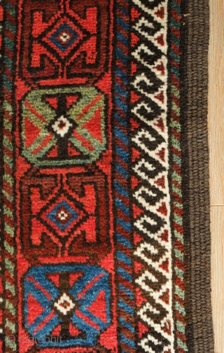 Baluch rug, 1890s or so.  Great mina khani design.  Wonderful green.  More colors than usual.  Soft wool and good pile.   134 x 242 cm   