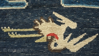 Pao Tao Rug, C. 1900 or so.  Very soft wool.  Two crane figures symbolizing longevity. Wonderful fleur de lis-like motifs for the inner border.  The cloud at the top  ...