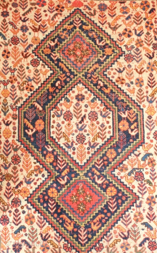 Qashqa'i rug, 19th century.  Floppy feel, good colors and soft wool. In overall very good condition with a minor touch ups needed shown in the last four images.   137  ...