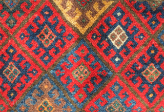 Jaff bag face, 19th century. Fantastic saturated colors. Striking touches that keep the eye interested like the yellow triangle coming down into the field. Great condition.  85 x 69 cm  