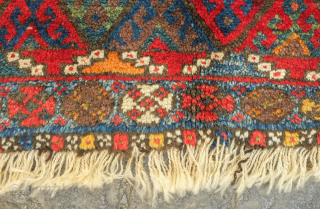 Jaff bag face, 19th century. Fantastic saturated colors. Striking touches that keep the eye interested like the yellow triangle coming down into the field. Great condition.  85 x 69 cm  