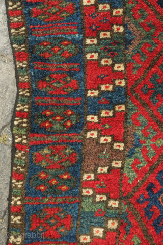 Jaff bag face, 19th century. Fantastic saturated colors. Striking touches that keep the eye interested like the yellow triangle coming down into the field. Great condition.  85 x 69 cm  