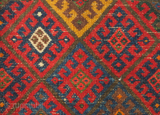 Jaff bag face, 19th century. Fantastic saturated colors. Striking touches that keep the eye interested like the yellow triangle coming down into the field. Great condition.  85 x 69 cm  