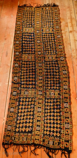 Arab Al-Ahwar or Iraqi Marsh Arab Samawa Kilim, Early 20th Century.  Deep blue indigo, tightly twisted wool ground kilim.  Chain stitched embroidery in wool. A couple of very small holes  ...