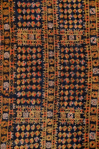 Arab Al-Ahwar or Iraqi Marsh Arab Samawa Kilim, Early 20th Century.  Deep blue indigo, tightly twisted wool ground kilim.  Chain stitched embroidery in wool. A couple of very small holes  ...