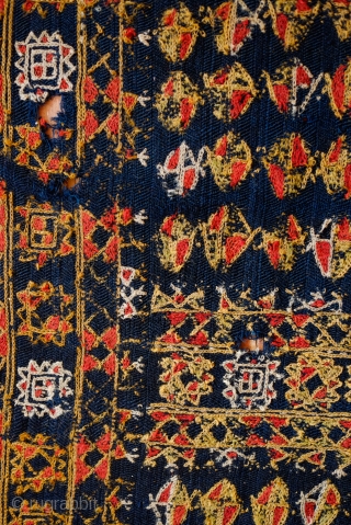 Arab Al-Ahwar or Iraqi Marsh Arab Samawa Kilim, Early 20th Century.  Deep blue indigo, tightly twisted wool ground kilim.  Chain stitched embroidery in wool. A couple of very small holes  ...