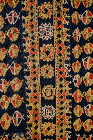 Arab Al-Ahwar or Iraqi Marsh Arab Samawa Kilim, Early 20th Century.  Deep blue indigo, tightly twisted wool ground kilim.  Chain stitched embroidery in wool. A couple of very small holes  ...