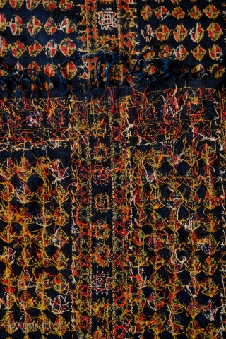 Arab Al-Ahwar or Iraqi Marsh Arab Samawa Kilim, Early 20th Century.  Deep blue indigo, tightly twisted wool ground kilim.  Chain stitched embroidery in wool. A couple of very small holes  ...