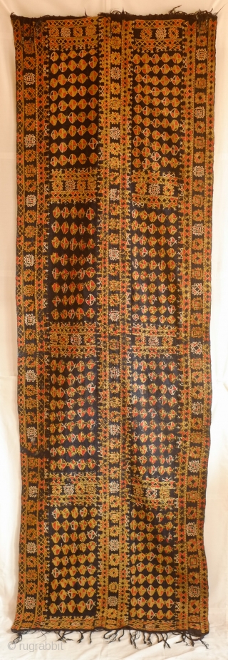 Arab Al-Ahwar or Iraqi Marsh Arab Samawa Kilim, Early 20th Century.  Deep blue indigo, tightly twisted wool ground kilim.  Chain stitched embroidery in wool. A couple of very small holes  ...