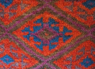 Baluch rug, late 19th century. Good pile and kilim ends intact. Nice use of purple. Excellent border with beautifully articulated eight-pointed stars. Wonderful soft wool.  One small hole in the kilim  ...