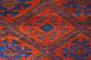 Baluch rug, late 19th century. Good pile and kilim ends intact. Nice use of purple. Excellent border with beautifully articulated eight-pointed stars. Wonderful soft wool.  One small hole in the kilim  ...