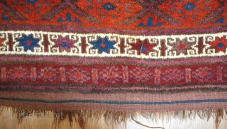 Baluch rug, late 19th century. Good pile and kilim ends intact. Nice use of purple. Excellent border with beautifully articulated eight-pointed stars. Wonderful soft wool.  One small hole in the kilim  ...