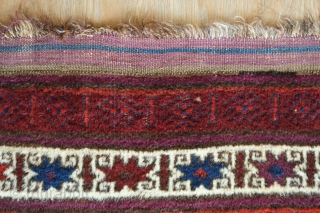 Baluch rug, late 19th century. Good pile and kilim ends intact. Nice use of purple. Excellent border with beautifully articulated eight-pointed stars. Wonderful soft wool.  One small hole in the kilim  ...