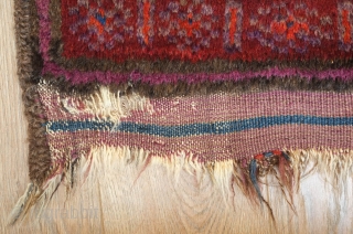Baluch rug, late 19th century. Good pile and kilim ends intact. Nice use of purple. Excellent border with beautifully articulated eight-pointed stars. Wonderful soft wool.  One small hole in the kilim  ...