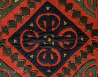 Yomut Broadcloth Applique Asmalyk, 4th quarter of the 19th Century. Wool felt applique. Wonderful graffic. Natural dyes in green, deep indigo, red, brown and cotton gauze highlights in yellow. In very good  ...