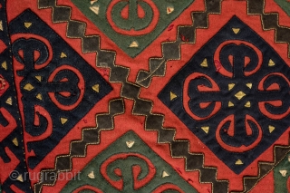 Yomut Broadcloth Applique Asmalyk, 4th quarter of the 19th Century. Wool felt applique. Wonderful graffic. Natural dyes in green, deep indigo, red, brown and cotton gauze highlights in yellow. In very good  ...