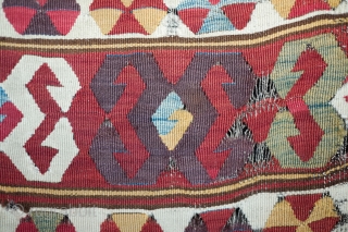 Central Anatolian Banded Kilim, Konya or Cappadocia. Late 18th Century to early 19th.  The colors are all there in their finest incarnations.  Seven colors including white and brown.  It  ...