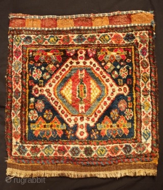 Kurdish bag face, Late 19th Century.  Possibly Lori as well.  Very soft wool.  Stunning colors in a wild, joyful variety.  Some yellow wefts.  Very saturated indigo ground.  ...