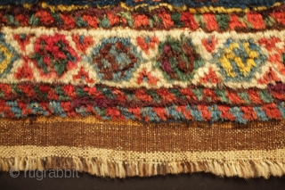 Kurdish bag face, Late 19th Century.  Possibly Lori as well.  Very soft wool.  Stunning colors in a wild, joyful variety.  Some yellow wefts.  Very saturated indigo ground.  ...