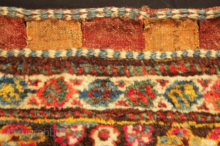 Kurdish bag face, Late 19th Century.  Possibly Lori as well.  Very soft wool.  Stunning colors in a wild, joyful variety.  Some yellow wefts.  Very saturated indigo ground.  ...