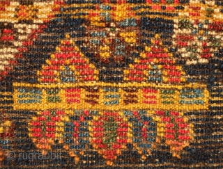 Kurdish bag face, Late 19th Century.  Possibly Lori as well.  Very soft wool.  Stunning colors in a wild, joyful variety.  Some yellow wefts.  Very saturated indigo ground.  ...