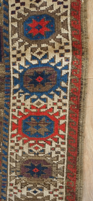 Timuri Baluch rug.  Good age at around 1870s.  Wonderful star-like medallion border.  A small section missing as shown in the 9th image.  86 x 146 cm   