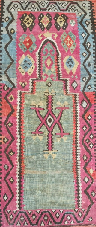 Bayburt Kilim, 19th century. Wonderful green field and in overall good condition.  Two small darned areas shown in the third and second to last images.  114 x 145 cm  