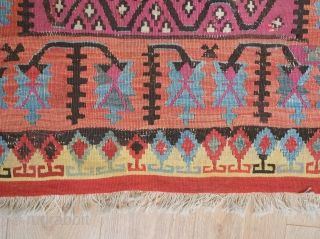 Bayburt Kilim, 19th century. Wonderful green field and in overall good condition.  Two small darned areas shown in the third and second to last images.  114 x 145 cm  