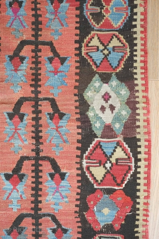 Bayburt Kilim, 19th century. Wonderful green field and in overall good condition.  Two small darned areas shown in the third and second to last images.  114 x 145 cm  