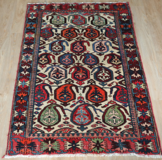 Bakhtyari rug.  White field and wonderful sense of movement.  It has a vivid color scheme. The crab border nicely frames the field. 127 x 200 cm     