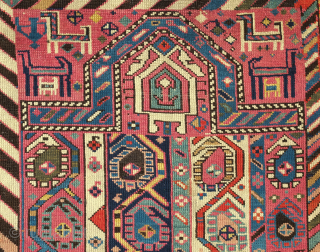 Talish boteh prayer rug with a Shahsavan character from the 19th century.  Wonderful colors and a little flock of beasts around the mihrab.  Low pile but all there.  75  ...