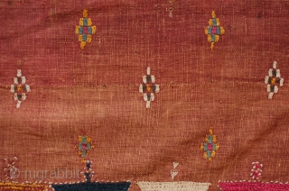 Rajasthani Shawl Fragment, 3rd to 4th quarters of 19th century.  Cotton ground with silk and cotton embroidery with mirrors.  A row of motifs in the image of temples or stupas  ...