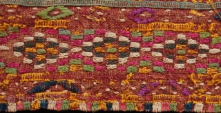 Rajasthani Shawl Fragment, 3rd to 4th quarters of 19th century.  Cotton ground with silk and cotton embroidery with mirrors.  A row of motifs in the image of temples or stupas  ...