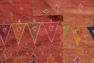 Rajasthani Shawl Fragment, 3rd to 4th quarters of 19th century.  Cotton ground with silk and cotton embroidery with mirrors.  A row of motifs in the image of temples or stupas  ...