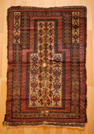 Baluch Prayer Rug with Salor Turkmen designs, 3rd quarter of the 19th Century.  Incredibly fine.  Silk highlights in the Salor designs in the main field.  Parts of the kilim  ...