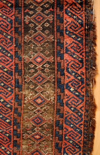Baluch Prayer Rug with Salor Turkmen designs, 3rd quarter of the 19th Century.  Incredibly fine.  Silk highlights in the Salor designs in the main field.  Parts of the kilim  ...