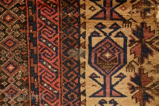 Baluch Prayer Rug with Salor Turkmen designs, 3rd quarter of the 19th Century.  Incredibly fine.  Silk highlights in the Salor designs in the main field.  Parts of the kilim  ...