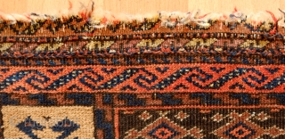 Baluch Prayer Rug with Salor Turkmen designs, 3rd quarter of the 19th Century.  Incredibly fine.  Silk highlights in the Salor designs in the main field.  Parts of the kilim  ...