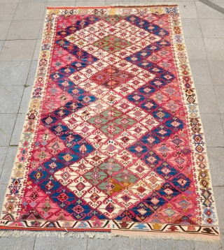 Adana Kilim, 1900 or so. Incredible colors.  A couple areas of chemical dyes but mostly saturated natural dyes.  A stunning kilim.  174 x 316 cm     