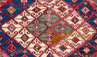 Adana Kilim, 1900 or so. Incredible colors.  A couple areas of chemical dyes but mostly saturated natural dyes.  A stunning kilim.  174 x 316 cm     