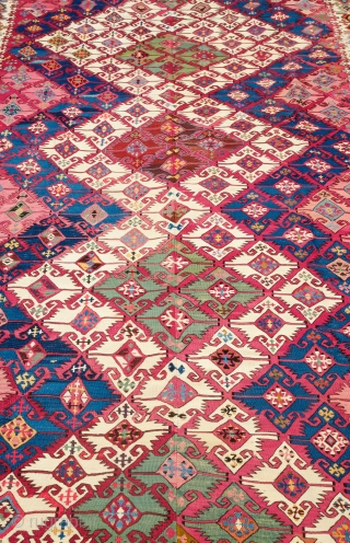 Adana Kilim, 1900 or so. Incredible colors.  A couple areas of chemical dyes but mostly saturated natural dyes.  A stunning kilim.  174 x 316 cm     