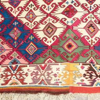 Adana Kilim, 1900 or so. Incredible colors.  A couple areas of chemical dyes but mostly saturated natural dyes.  A stunning kilim.  174 x 316 cm     