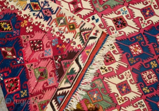 Adana Kilim, 1900 or so. Incredible colors.  A couple areas of chemical dyes but mostly saturated natural dyes.  A stunning kilim.  174 x 316 cm     