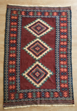 Afshar Kilim, Late 19th Century.  Wonderful soft feel.  Woven in dovetail tapestry weave with weft substitution in the border.  There are a few minor repairs in two of the  ...