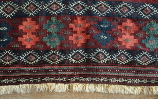 Afshar Kilim, Late 19th Century.  Wonderful soft feel.  Woven in dovetail tapestry weave with weft substitution in the border.  There are a few minor repairs in two of the  ...