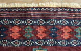 Afshar Kilim, Late 19th Century.  Wonderful soft feel.  Woven in dovetail tapestry weave with weft substitution in the border.  There are a few minor repairs in two of the  ...