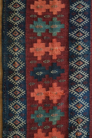 Afshar Kilim, Late 19th Century.  Wonderful soft feel.  Woven in dovetail tapestry weave with weft substitution in the border.  There are a few minor repairs in two of the  ...