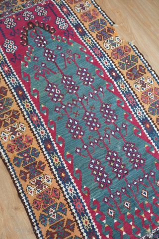 Erzurum Kilim, 19th century.  Excellent, saturated colors. Pomegranates on a blue-green field.  A couple nicks on the border and top right end.  98 x 183 cm    